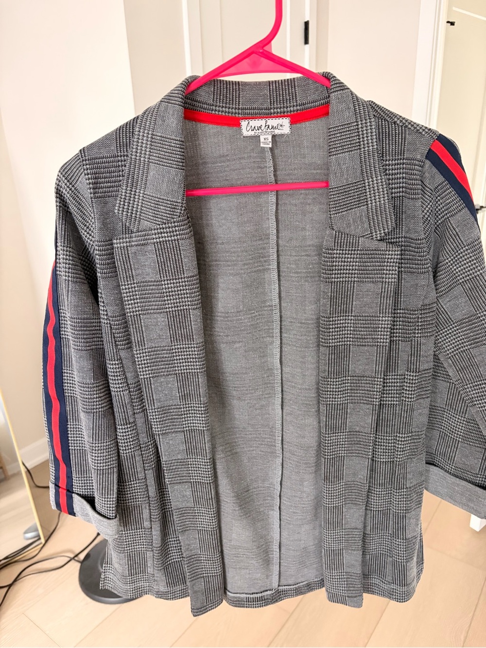 Almost Famous Gray Plaid Blazer with Navy & Red Shoulder Stripes